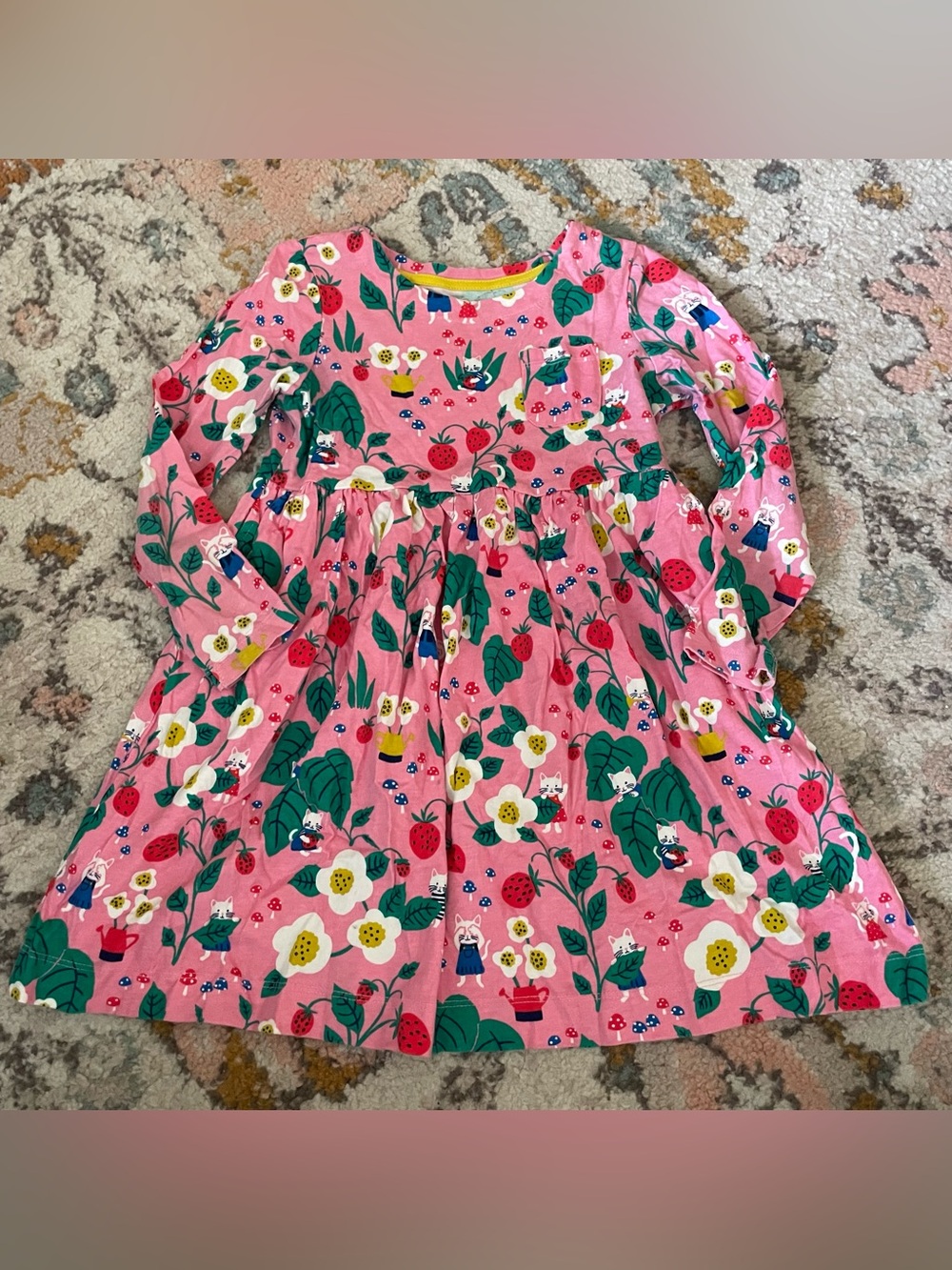 Mini Boden Cat Pink Floral & Strawberry Print Long Sleeve Girls Dress 5/6
